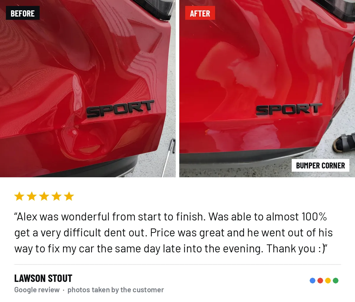 Before and after photos of a bumper corner repair, from Lawson Stout’s Google review
