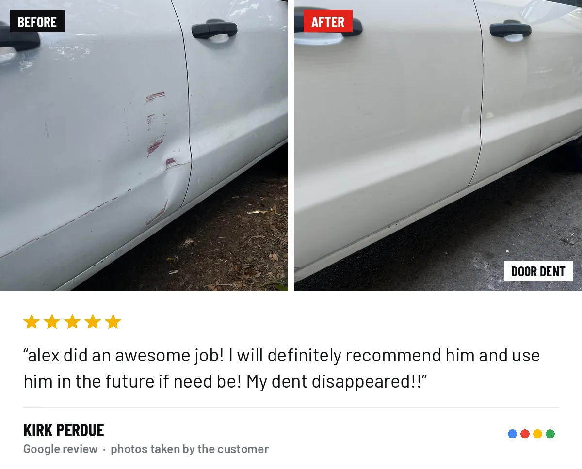 Before and after photos of a door dent repair, from kirk perdue&rsquo;s Google review