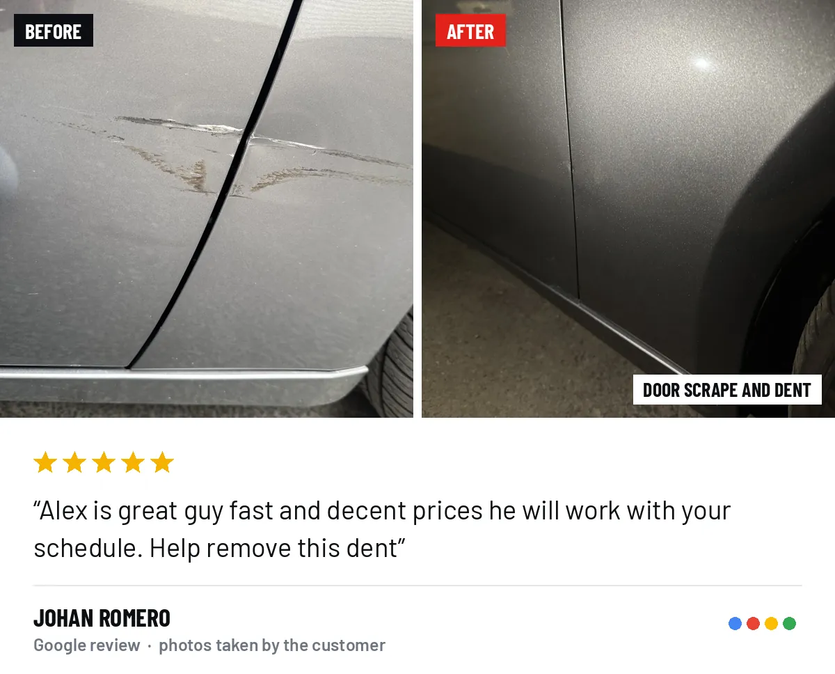 Before and after photos of a door scrape and dent repair, from Johan romero’s Google review