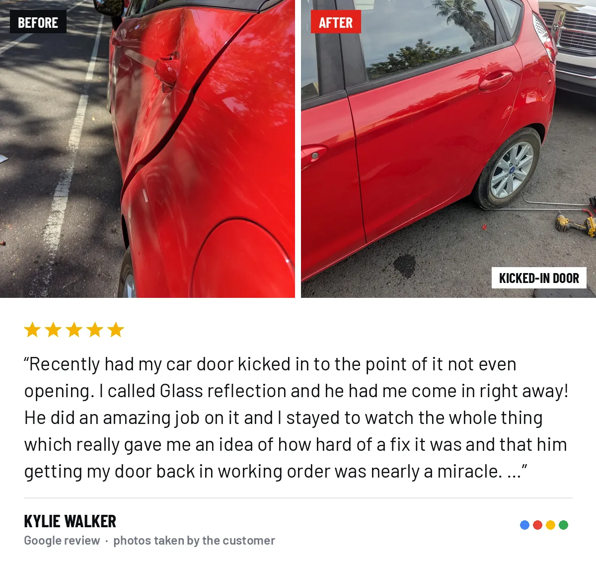 Before and after photos of a kicked-in door repair, from Kylie Walker&rsquo;s Google review