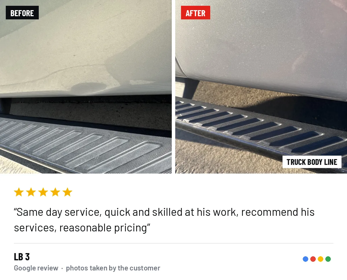 Before and after photos of a truck body line repair, from LB 3&rsquo;s Google review